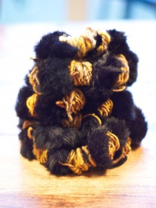 WoolWench's gorgeous "tiger" striped "Can you Spin This?" yarn